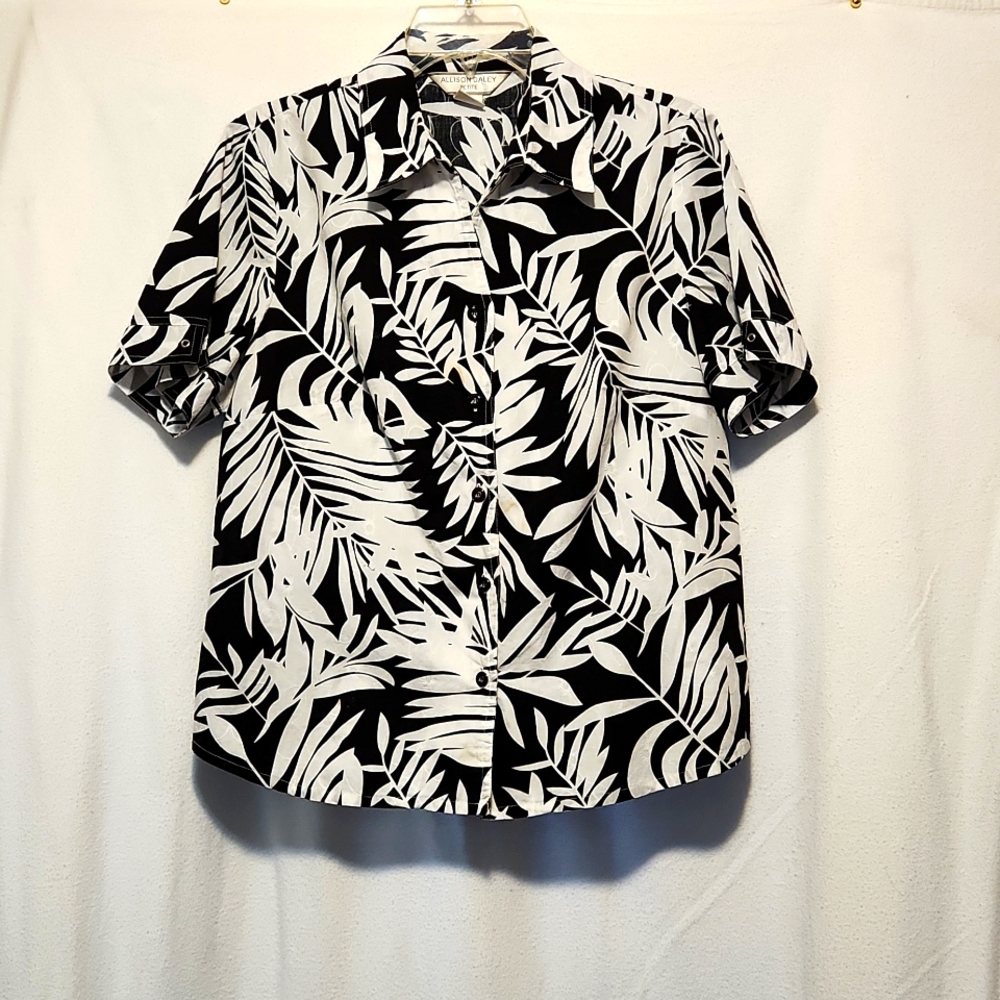 Black and white tropical print button down shirt